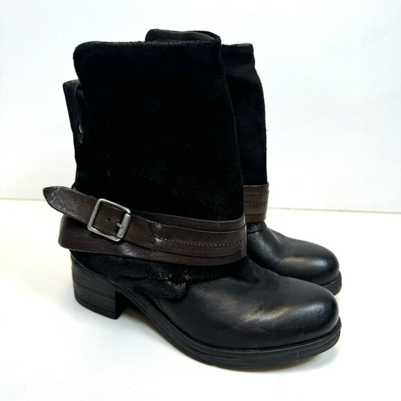 Miz Mooz Ankle Boots Womens Size 36 US 6 Black Leather Harness Buckle Moto - Picture 1 of 8